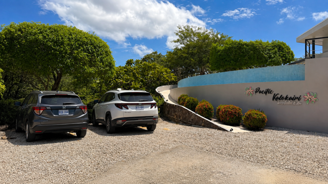 Private guest parking at Pacific Kalokairi boutique hotel in Tamarindo, Costa Rica.