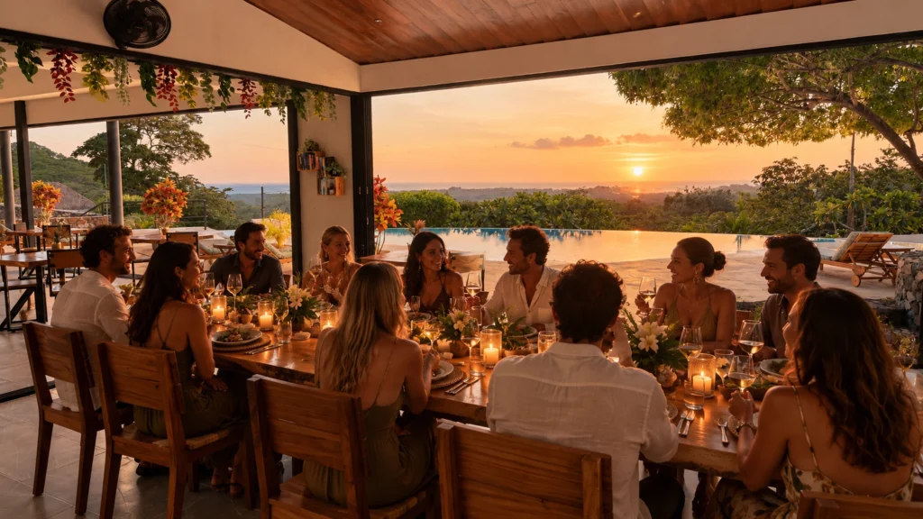 Guests enjoying a private dinner celebration at Kalokairi Restaurant in Tamarindo, Costa Rica, overlooking the infinity pool at sunset.
