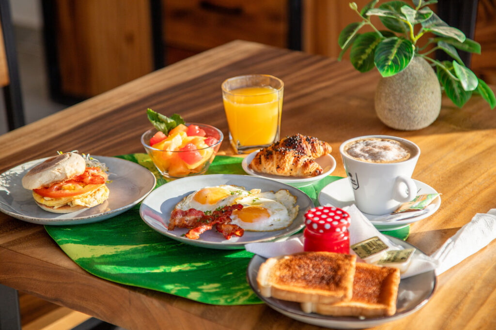 À la carte breakfast with eggs, fresh fruit, coffee and orange juice at Kalokairi Restaurant in Tamarindo, Costa Rica.