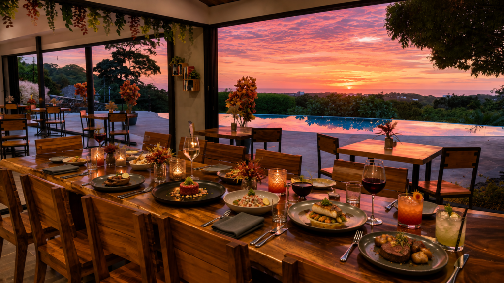 Dinner table with Mediterranean-inspired dishes overlooking the Pacific sunset at Kalokairi Restaurant in Tamarindo.