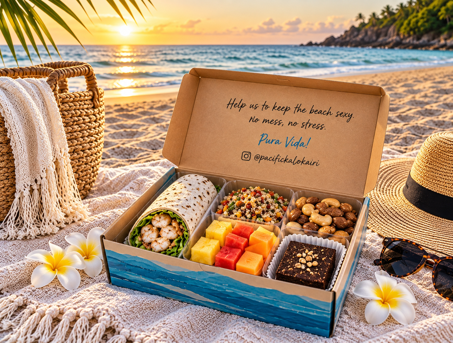 Kalokairi Signature Box with fresh picnic food on the beach at sunset in Tamarindo, Costa Rica.