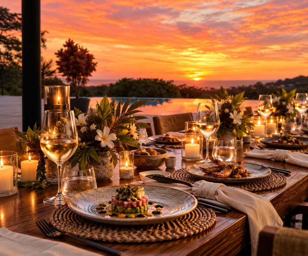 Elegant event dining setup with gourmet dishes, candles and tropical flowers overlooking the infinity pool at sunset at Pacific Kalokairi in Tamarindo.
