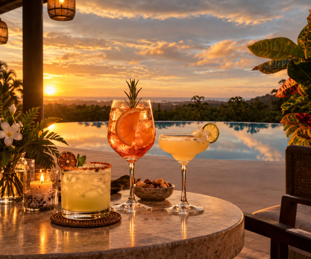 Handcrafted cocktails overlooking the infinity pool at sunset at Pacific Kalokairi in Tamarindo, Costa Rica.
