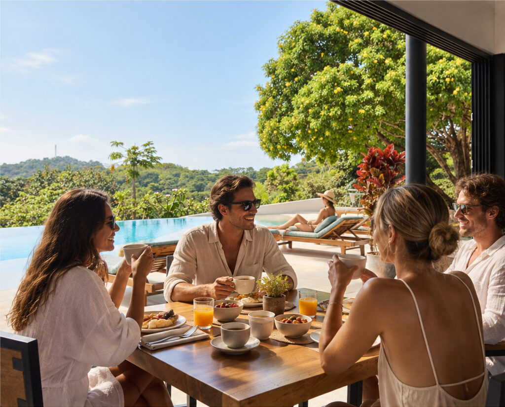 Guests enjoying a relaxed morning at Pacific Kalokairi boutique hotel in Tamarindo, Costa Rica, during a private event stay.