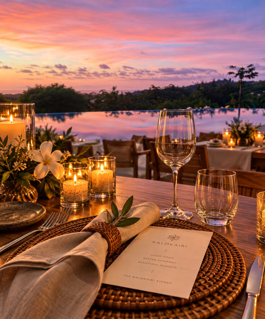 Elegant event table details with tropical flowers, candles, glassware and personalized styling at Pacific Kalokairi in Tamarindo, Costa Rica.