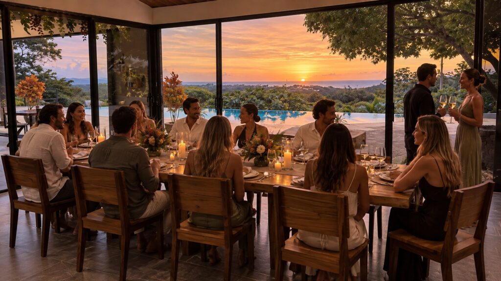 Guests enjoying an intimate private celebration at Pacific Kalokairi in Tamarindo, Costa Rica, overlooking the infinity pool at sunset.