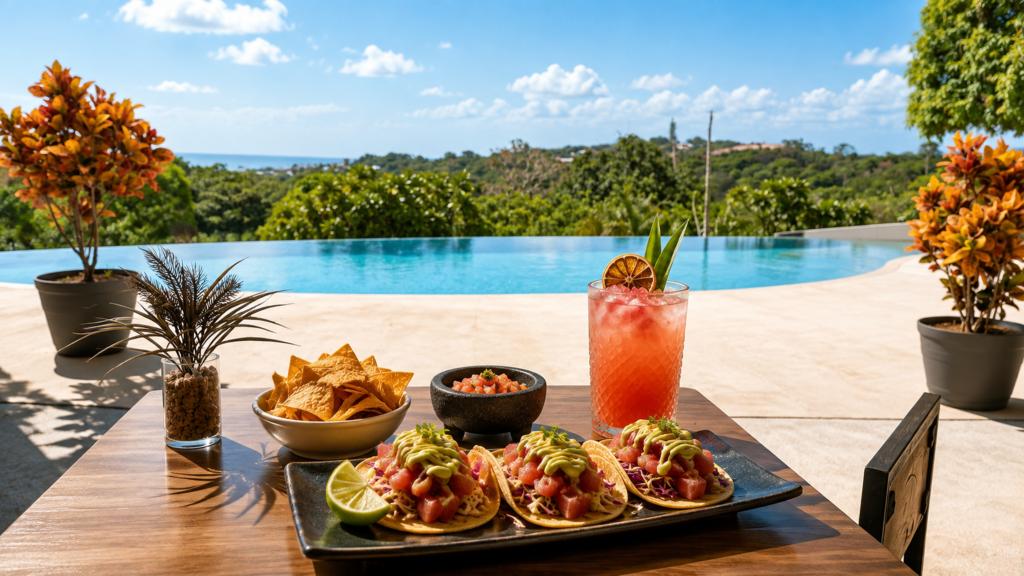 Tuna tacos and handcrafted cocktail by the infinity pool at Kalokairi Restaurant in Tamarindo, Costa Rica.