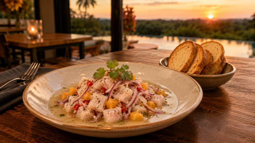 Fresh fish ceviche served with five slices of bread at Kalokairi Restaurant in Tamarindo, Costa Rica.