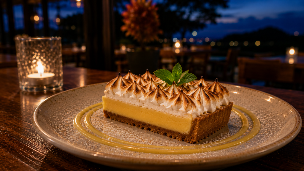 Lemon pie with toasted meringue and fresh mint at Kalokairi Restaurant in Tamarindo.