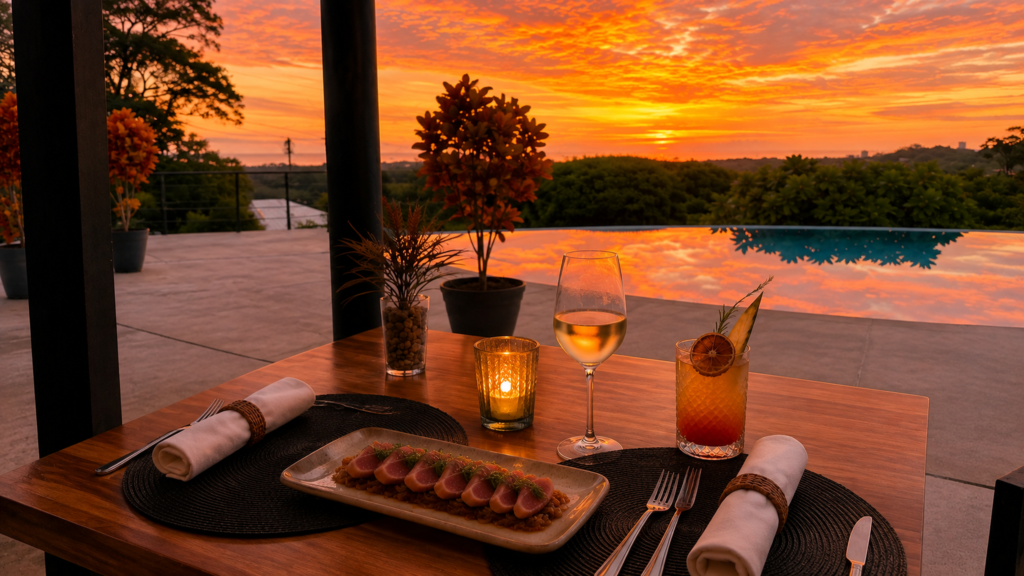 Tuna tataki, cocktail and glass of wine overlooking the Pacific sunset at Kalokairi Restaurant in Tamarindo.