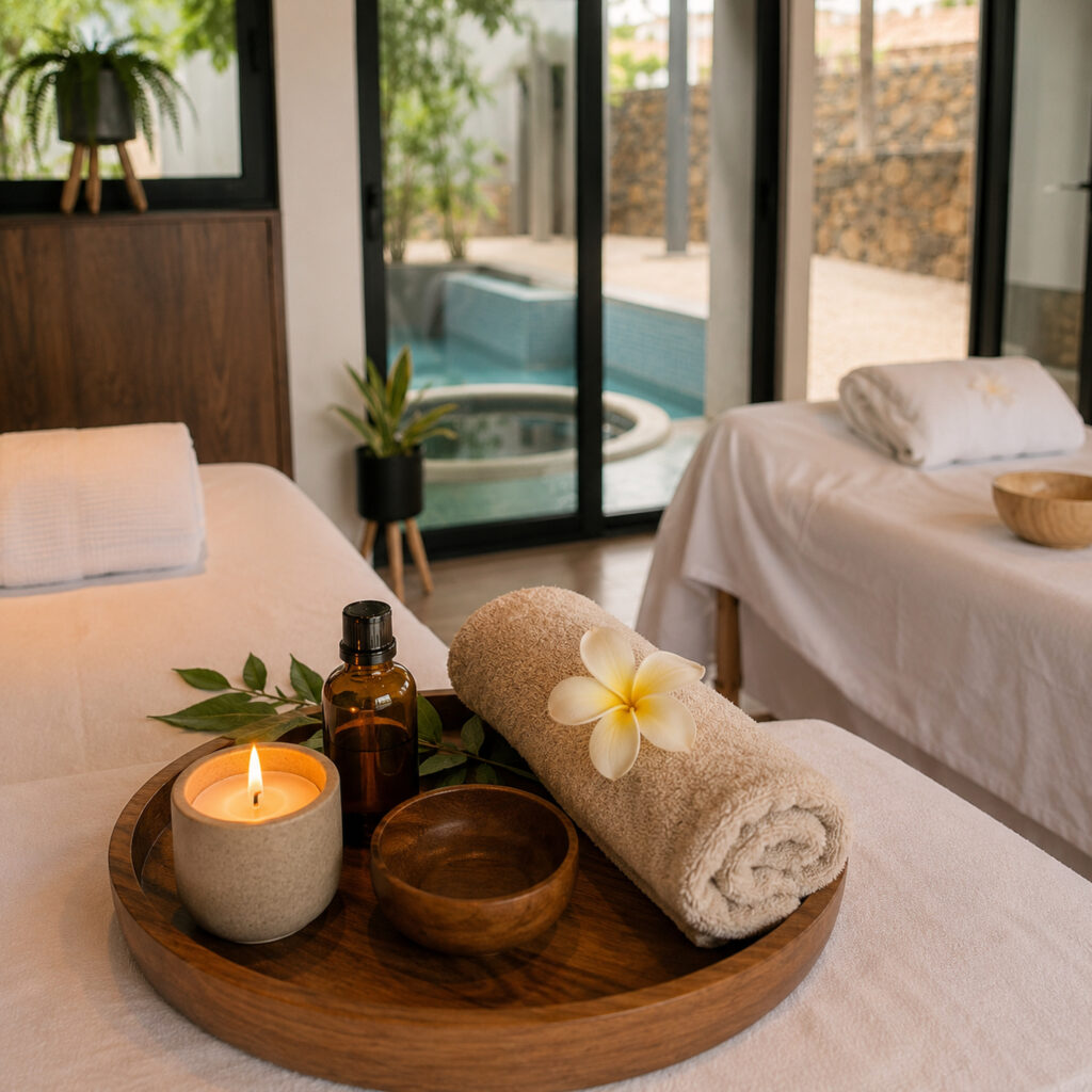 Spa ritual setup overlooking the private jacuzzi at Kalokairi Spa in Tamarindo, Costa Rica.
