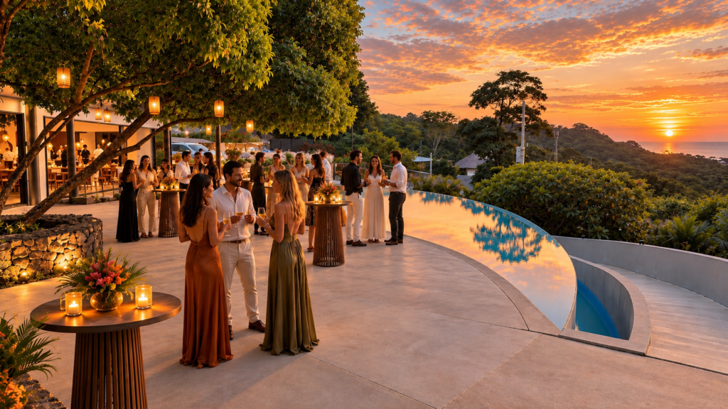 Guests enjoying a private sunset celebration on the restaurant and pool terrace at Pacific Kalokairi in Tamarindo, Costa Rica.