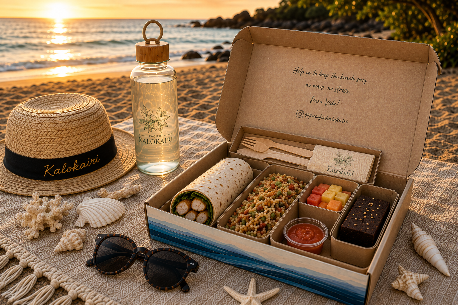 Pacific Kalokairi Signature Box beach picnic overlooking the ocean in Tamarindo, Costa Rica.