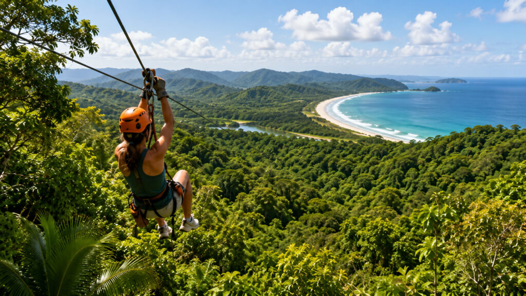 Ziplining adventure above the tropical forest and Pacific coast in Costa Rica