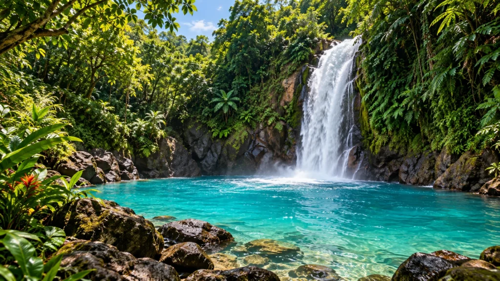 Tropical waterfall surrounded by rainforest in Costa Rica