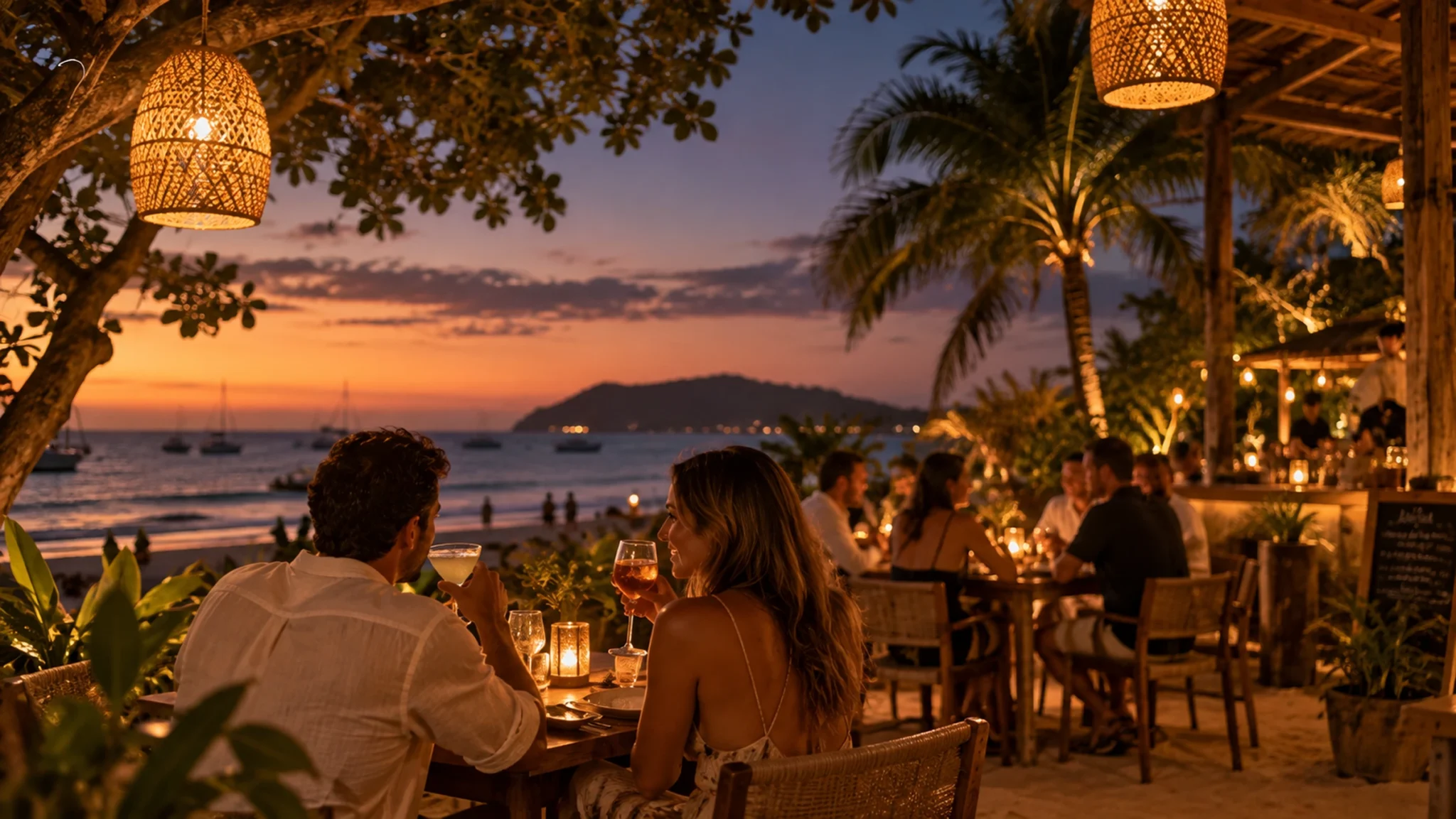 Evening dining and cocktails in a tropical setting in Tamarindo, Costa Rica
